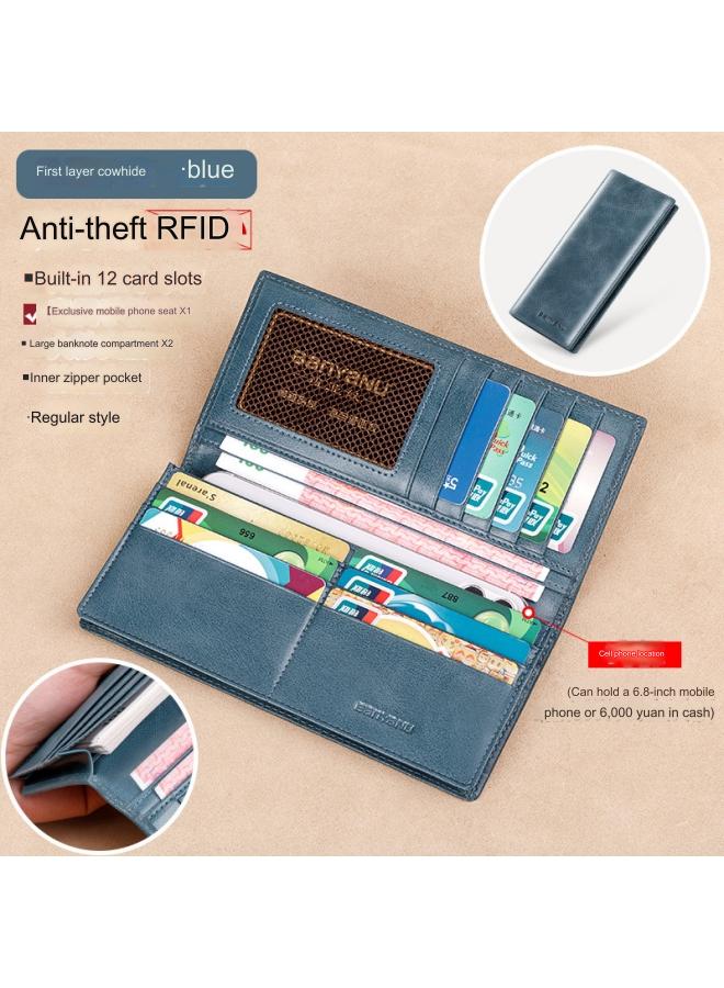 banyanu Wallet Men's Long Genuine Leather Ultra-Thin Anti-Theft Brush Leather Wallet with Zipper Cowhide Wallet Blue - Regular Version (Anti-Theft Brush) - Image 1