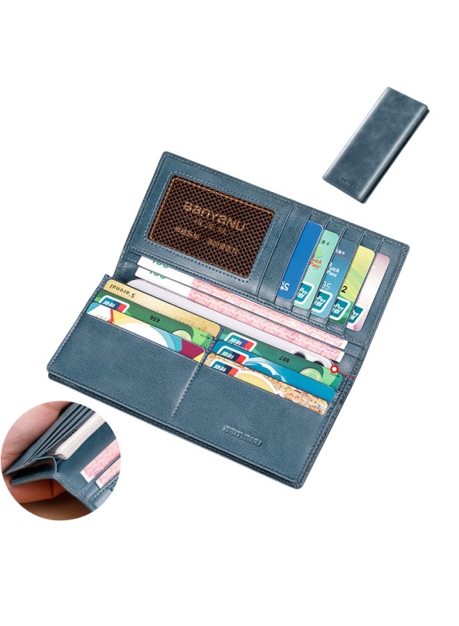 banyanu Wallet Men's Long Genuine Leather Ultra-Thin Anti-Theft Brush Leather Wallet with Zipper Cowhide Wallet Blue - Regular Version (Anti-Theft Brush) - Image 2