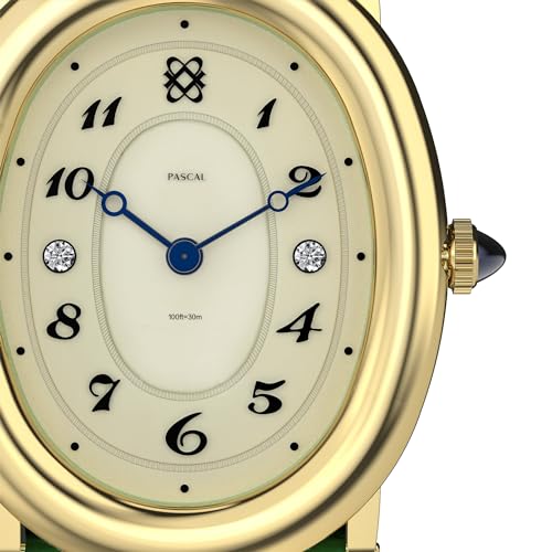 PASCAL Women's Oval Bubble Diamond Watch Leather Strap, Swiss Quartz Ladies Watches, Sapphire Crystal, Diamond Markers, Vintage-Inspired Dress Watch, 3ATM Waterproof (Gift for Her)(Green) - Image 2