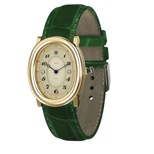 PASCAL Women's Oval Bubble Diamond Watch Leather Strap, Swiss Quartz Ladies Watches, Sapphire Crystal, Diamond Markers, Vintage-Inspired Dress Watch, 3ATM Waterproof (Gift for Her)(Green) - Image 1