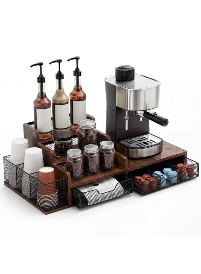 Potchen Wood Coffee Station Organizer Coffee Bar Organizer with 3 Tier Sliding Pods Storage Drawer Compatible with K Cup Storage Holder for Countertop Bar Accessories - Image 1