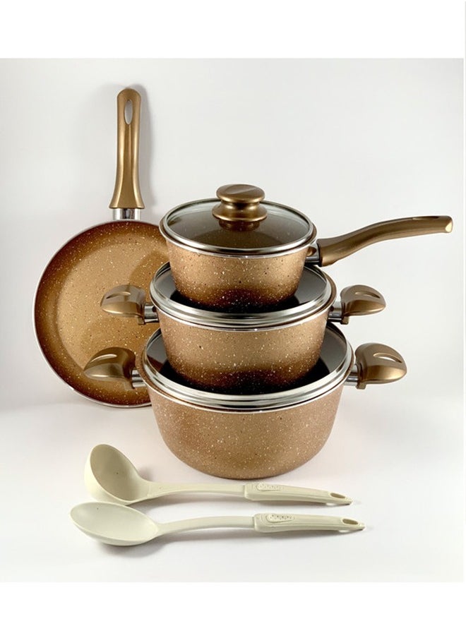 Homemaker 9-Piece Granite Vega Cookware Set - Glass Lids - 2 Deep Pots - 1 Sauce Pan - 1 Frypan - 1 Spoon - 1 Scoop -  Non-Stick Surface - PFOA Free -  Brown  - Image 2