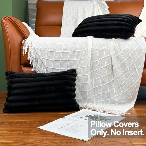 COTEY 20" x 12" Black Throw Pillow Covers Pack of 2, Soft Fluffy Faux Fur Decorative Pillows for Couch, Bed Cover with Velvet Back for Living Room, Home Décor for Sofa (50cm x 30cm, No Inserts Included) - Image 2