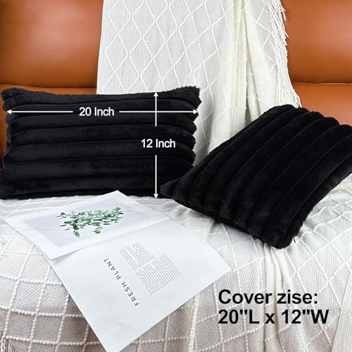 COTEY 20" x 12" Black Throw Pillow Covers Pack of 2, Soft Fluffy Faux Fur Decorative Pillows for Couch, Bed Cover with Velvet Back for Living Room, Home Décor for Sofa (50cm x 30cm, No Inserts Included) - Image 3