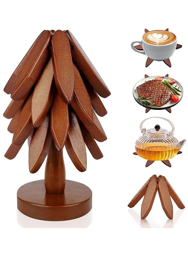 غنافوتو طقم برشام خشبي طبيعي قابل للطي من خشب الجوز الأسود، طقم برشام على شكل شجرة مضادة للتكلس، 4 برشام + حامل واحد للأطباق الساخنة، والقدر، والوعاء، وإبريق الشاي، وحاملات الأواني الساخنة - Image 1