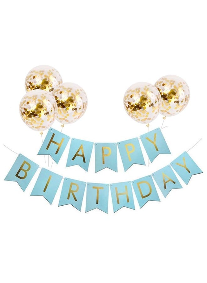 Tellpet Light Blue HAPPY BIRTHDAY Banner with 5 pcs Gold Confetti Balloons - Image 2