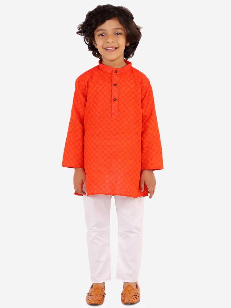 Superminis Baby Boys Traditional Ethnic Wear Handloom Cotton Solid Pattern Kurta With White Pyjama Set (Dark Orange, 6-12 Months) - Image 2