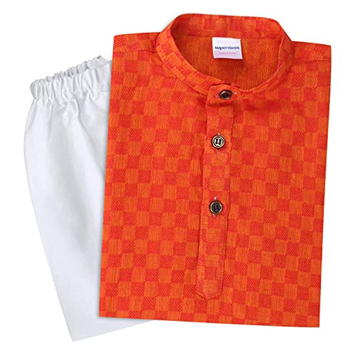 Superminis Baby Boys Traditional Ethnic Wear Handloom Cotton Solid Pattern Kurta With White Pyjama Set (Dark Orange, 6-12 Months) - Image 1