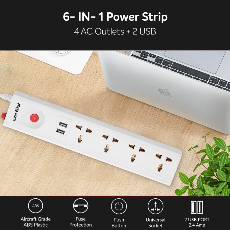 One Beat Extension Board with 2 USB and 4 SocketPower Load 10 AMP 4 Meter Long Power Cord White 4 Socket 2 USB 4 M - Image 2