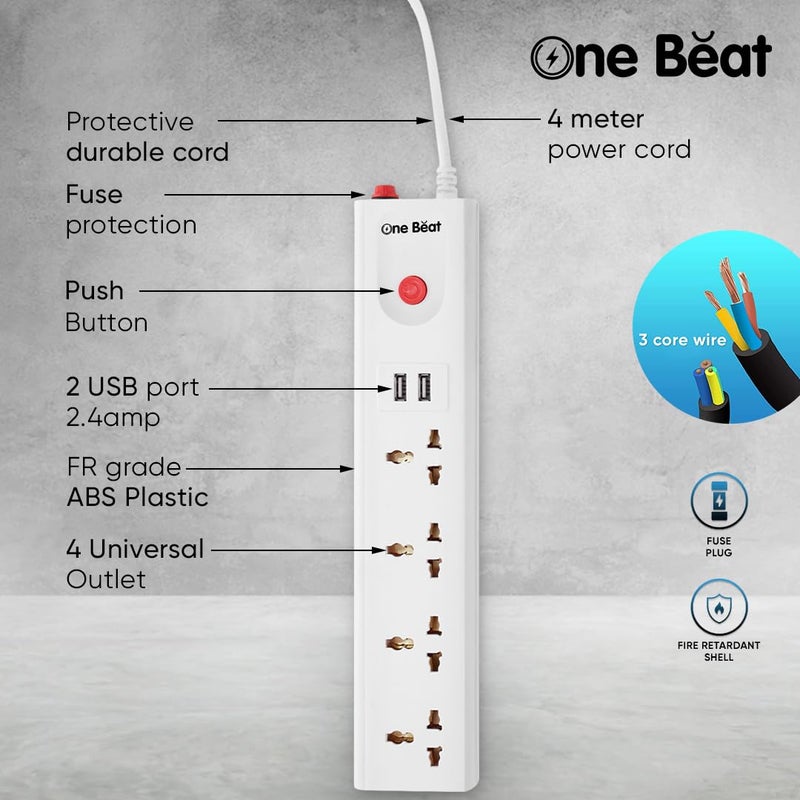 One Beat Extension Board with 2 USB and 4 SocketPower Load 10 AMP 4 Meter Long Power Cord White 4 Socket 2 USB 4 M - Image 3