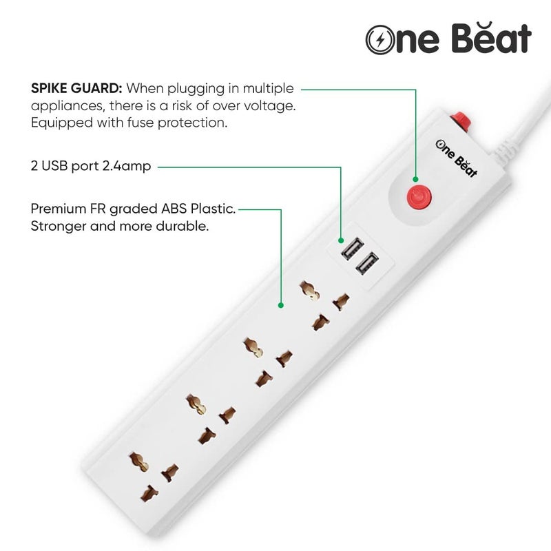One Beat Extension Board with 2 USB and 4 SocketPower Load 10 AMP 4 Meter Long Power Cord White 4 Socket 2 USB 4 M - Image 5