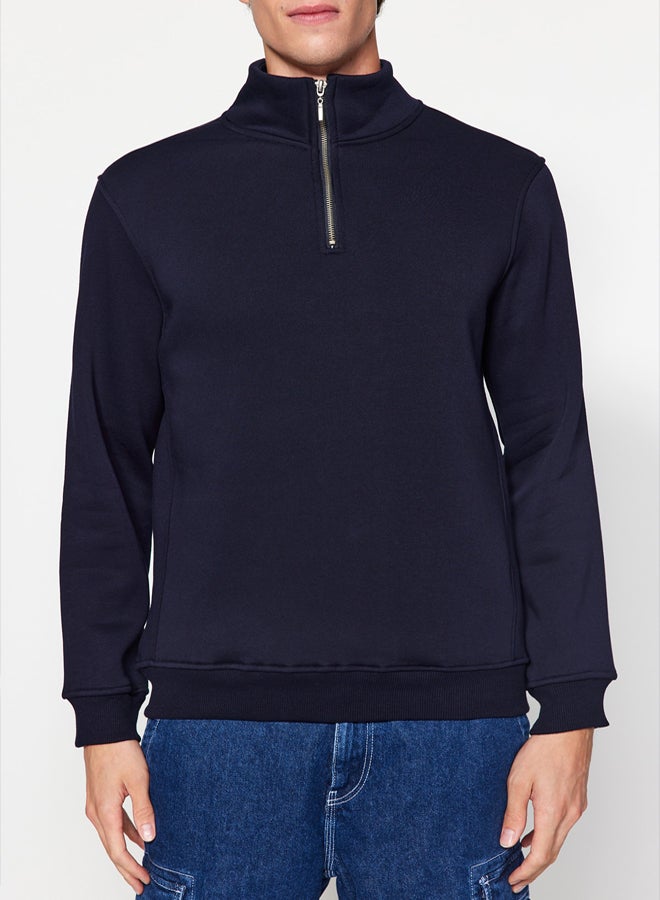 trendyol Navy Blue Regular/Normal Cut Stand Collar Zippered Cotton Basic Fleece Inside Sweatshirt - Image 4
