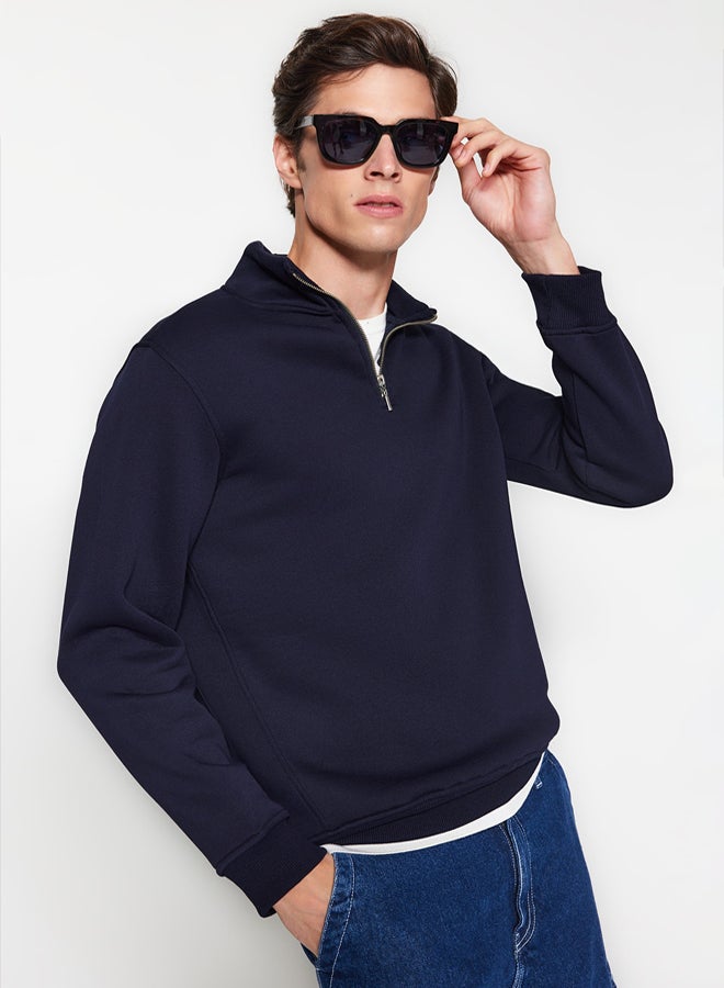 trendyol Navy Blue Regular/Normal Cut Stand Collar Zippered Cotton Basic Fleece Inside Sweatshirt - Image 1