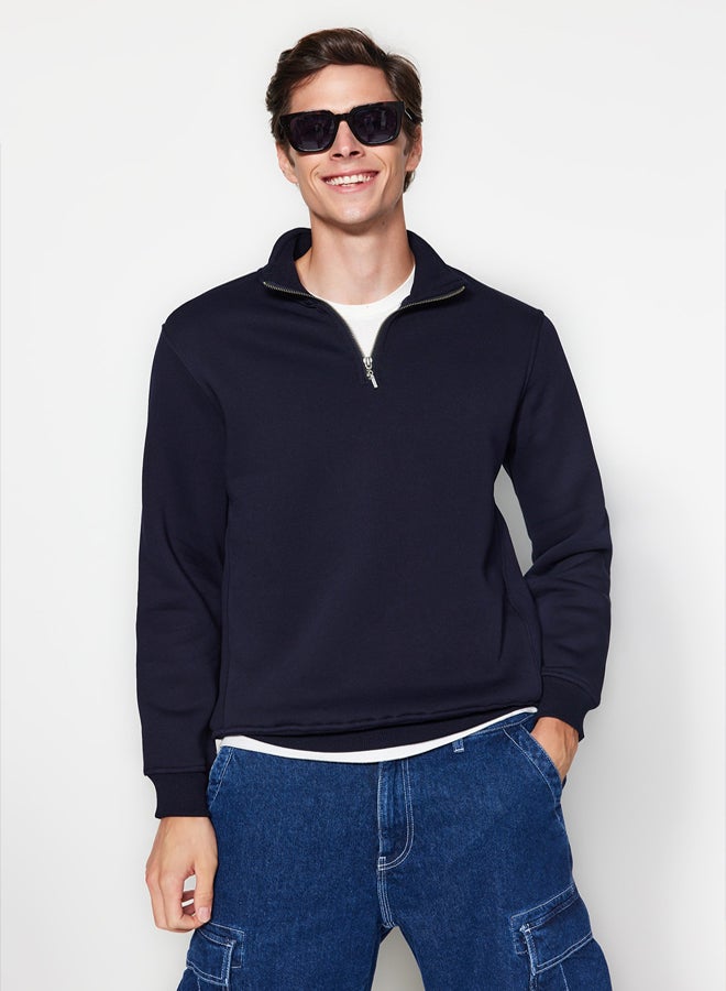 trendyol Navy Blue Regular/Normal Cut Stand Collar Zippered Cotton Basic Fleece Inside Sweatshirt - Image 3