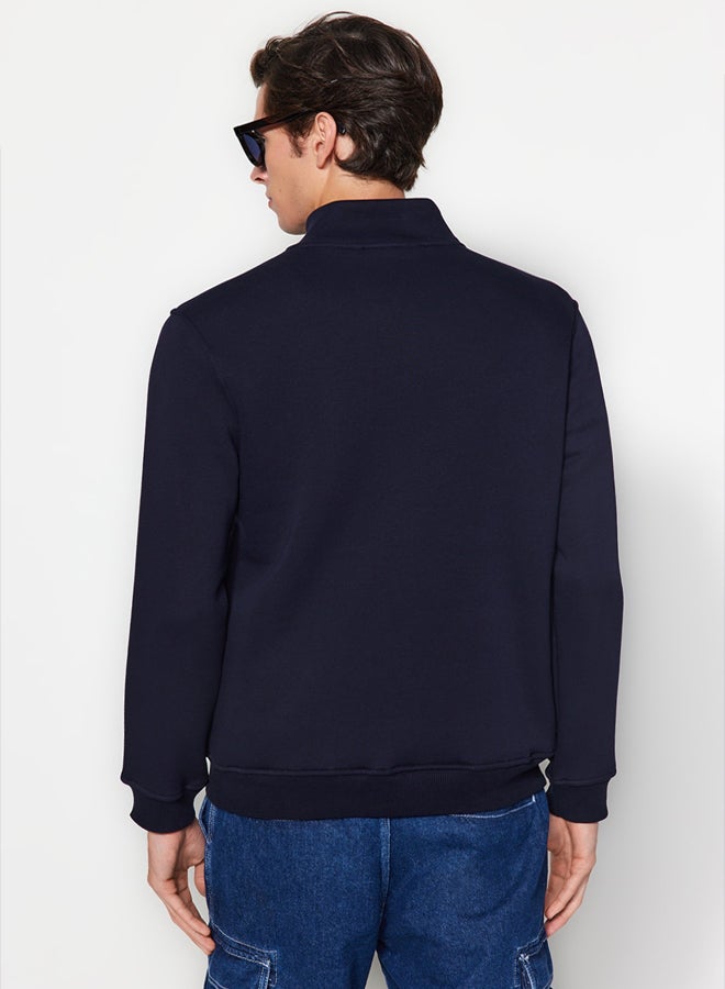 trendyol Navy Blue Regular/Normal Cut Stand Collar Zippered Cotton Basic Fleece Inside Sweatshirt - Image 5