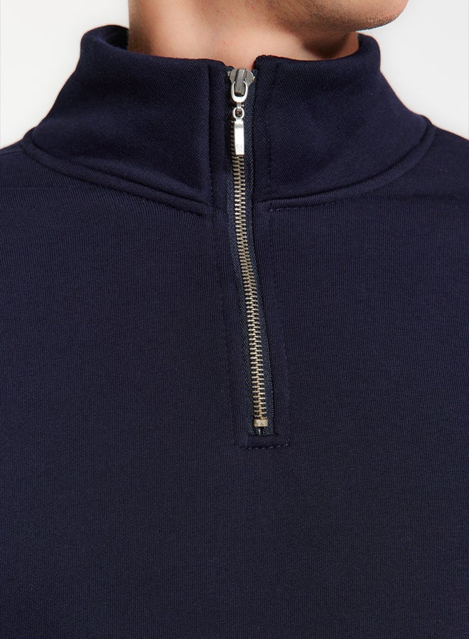 trendyol Navy Blue Regular/Normal Cut Stand Collar Zippered Cotton Basic Fleece Inside Sweatshirt - Image 2