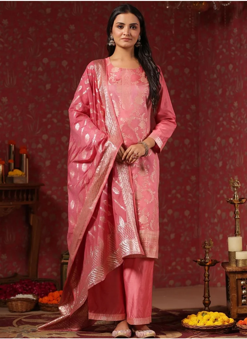 آي شين Women's Pink Silk Printed Tunic Full Length Palazzo Straight Fit Kurta Set