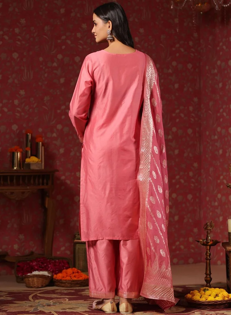 ISHIN Women's Pink Silk Printed Tunic Full Length Palazzo Straight Fit Kurta Set