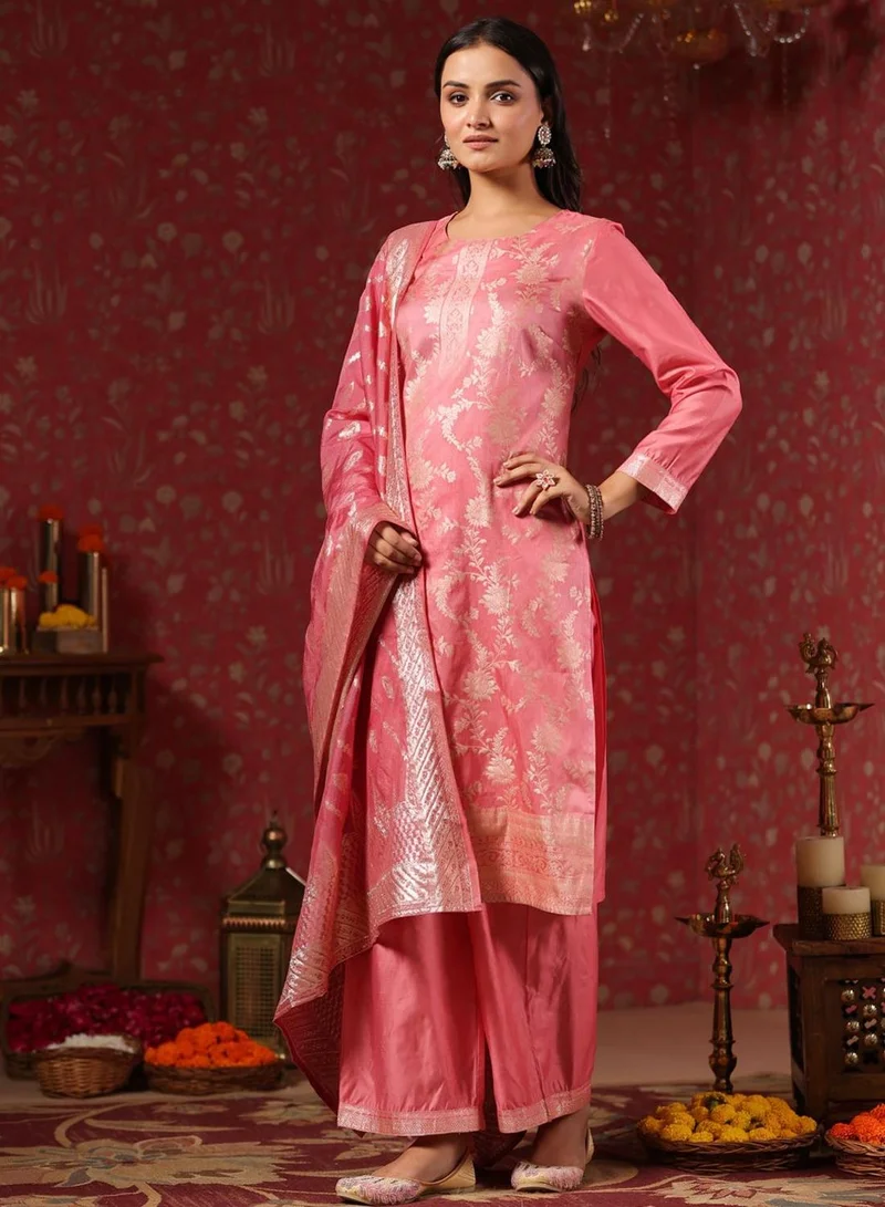 ISHIN Women's Pink Silk Printed Tunic Full Length Palazzo Straight Fit Kurta Set