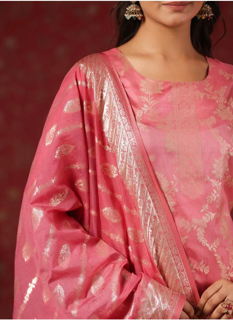 آي شين Women's Pink Silk Printed Tunic Full Length Palazzo Straight Fit Kurta Set