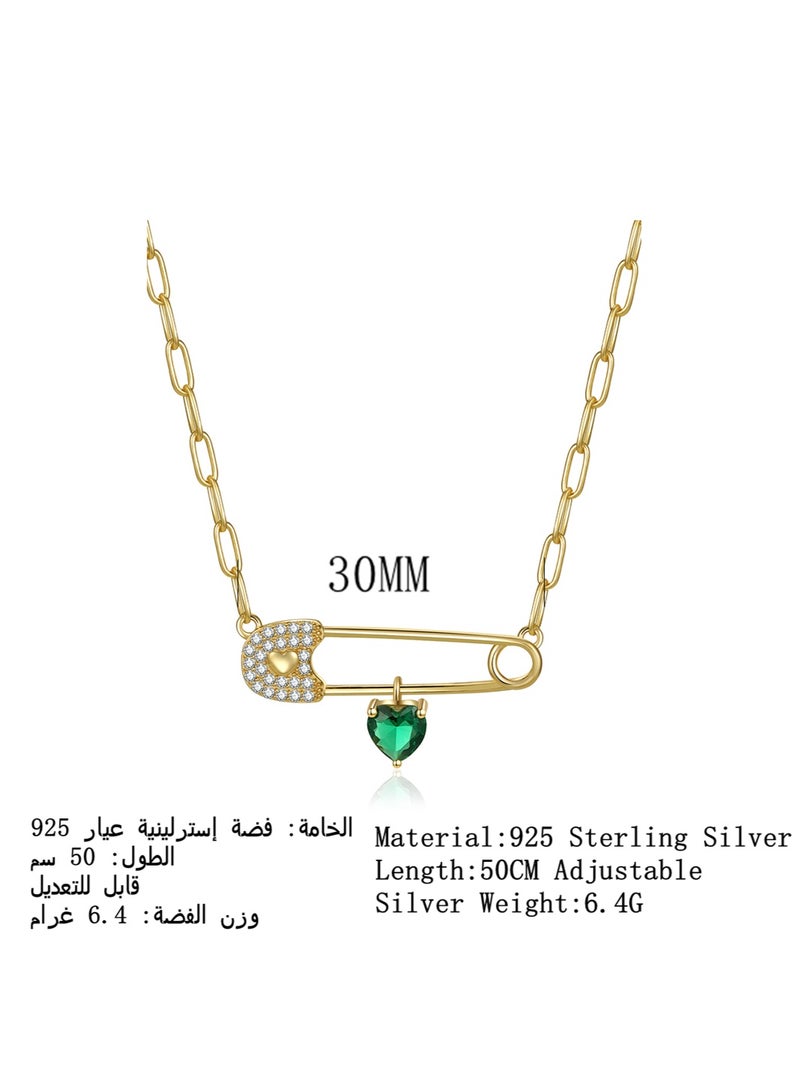 Moonmory 925 Silver Safe Pin Paperclip Pendant Necklace For Women, Green Heart Stone Pendant Necklace With 50Cm Adjustable Paper Clip Chain Ramadan Mother's Day Valentine's Day Gift - Image 2