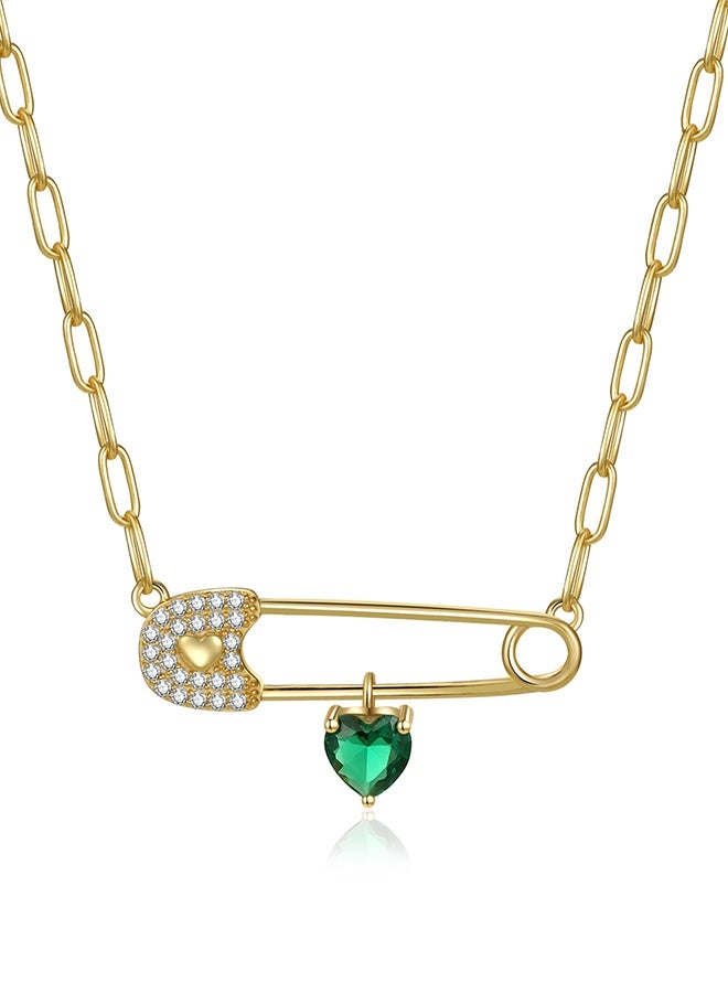 Moonmory 925 Silver Safe Pin Paperclip Pendant Necklace For Women, Green Heart Stone Pendant Necklace With 50Cm Adjustable Paper Clip Chain Ramadan Mother's Day Valentine's Day Gift - Image 1