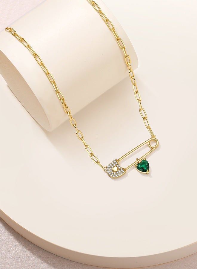 Moonmory 925 Silver Safe Pin Paperclip Pendant Necklace For Women, Green Heart Stone Pendant Necklace With 50Cm Adjustable Paper Clip Chain Ramadan Mother's Day Valentine's Day Gift - Image 5