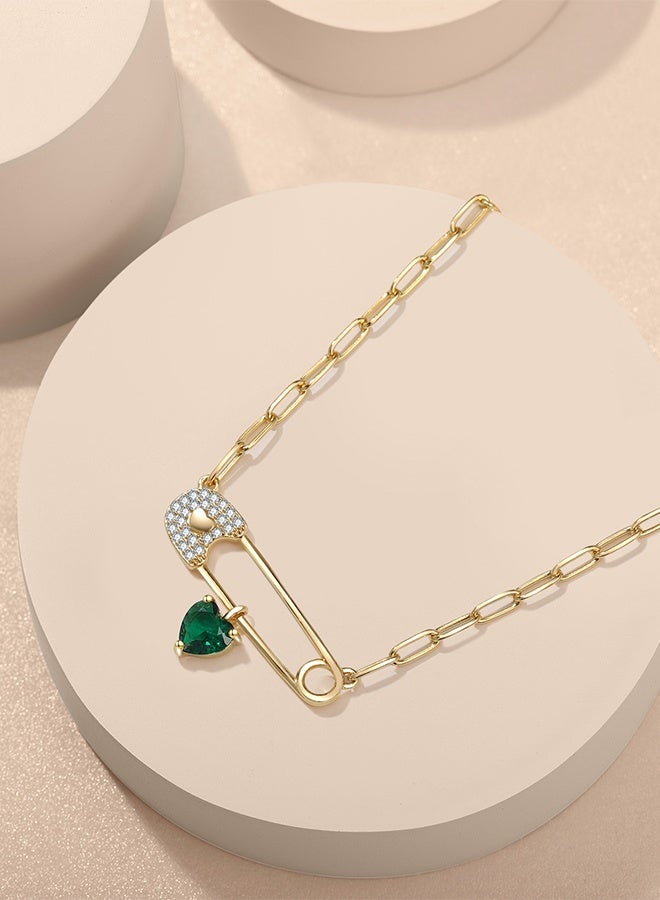 Moonmory 925 Silver Safe Pin Paperclip Pendant Necklace For Women, Green Heart Stone Pendant Necklace With 50Cm Adjustable Paper Clip Chain Ramadan Mother's Day Valentine's Day Gift - Image 3