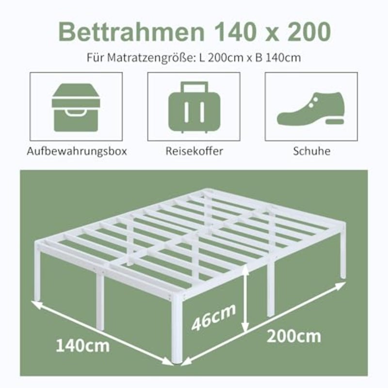 Bed 140 x 200 cm with Slatted Frame, Height 46 cm, Metal Bed 140 x 200 cm with Round Corner Legs, Robust Metal Bed Frame with Lots of Storage Space Under Bed, Noise-Free, Easy - Image 2