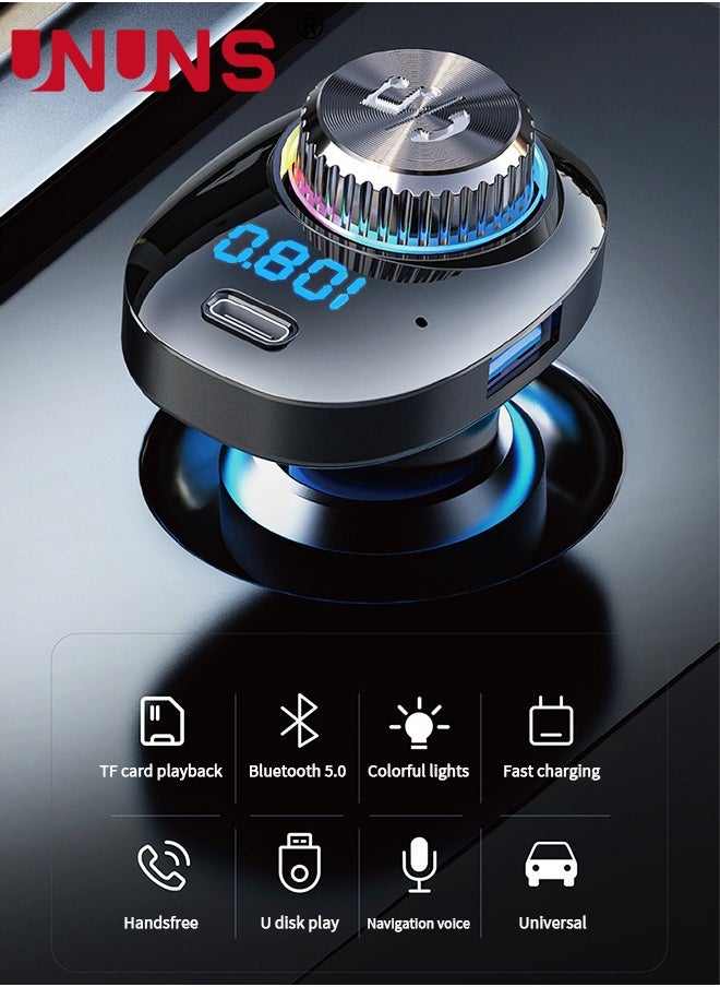 Bluetooth FM Transmitter for Car,Bluetooth 5.0 Car Adapter,QC 3.0 Charging,7 Color LED Backlit,Dual USB Port,Handsfree Call,Wireless Radio Receiver,Supports TF Card/U-Disk