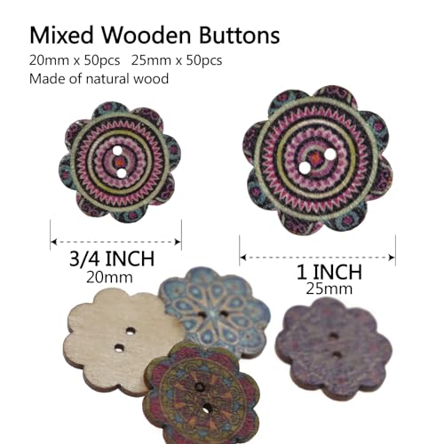 MASONEE 100PCS Assorted Wooden Buttons for Crafts Vintage 2 Holes Mixed Sizes Random Flower Painting Wood Buttons for Sewing 1inch and 3/4inch Large Assorted Decorative Wood Buttons for Crafts DIY 20mm 25mm - Image 4