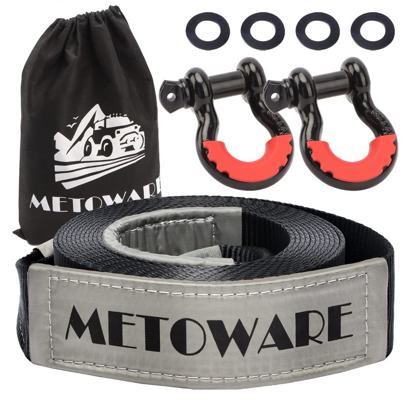 METOWARE Recovery Tow Strap Kit 3 x 20ft Heavy Duty Recovery Strap 35000lbs Break Strength with 34 D Ring Shackles2pcs Storage Bag Emergency Off Road Towing Rope for SUV UTV ATV Truck