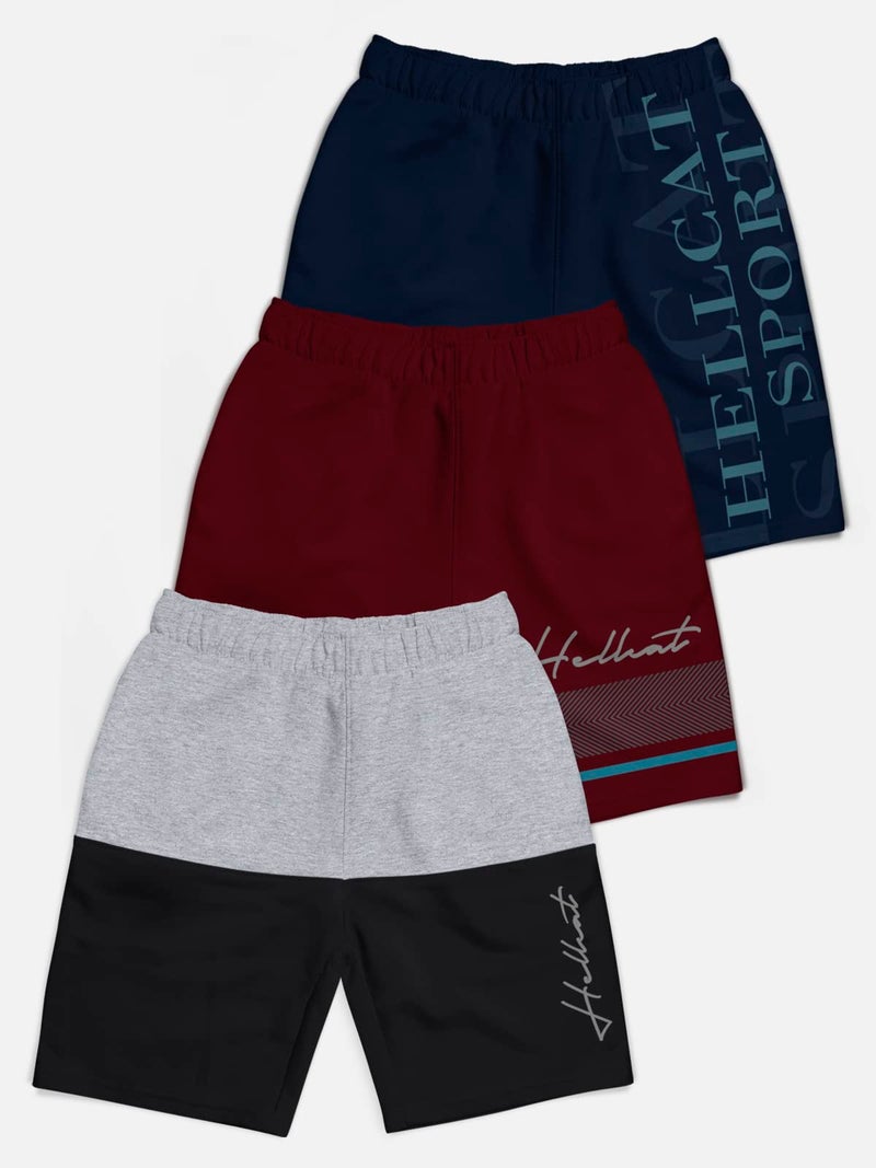 HELLCAT Pack of 3 Trendy Typographic Printed Mid Rise Shorts for Boys - Grey Melange/Burgundy/Navy Blue_11-12 Years - Image 2