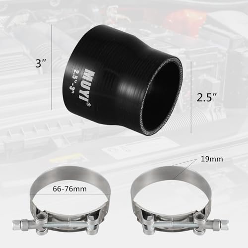 MUYI 2.5" to 3 inches Silicone Reducer Intercooler Tube Kit, 4 Layers Reinforced Straight Intake Turbo Piping Coupler Hose with 2PCS T-Bolt Clamps (Length 3", ID 63-76mm) - Image 2