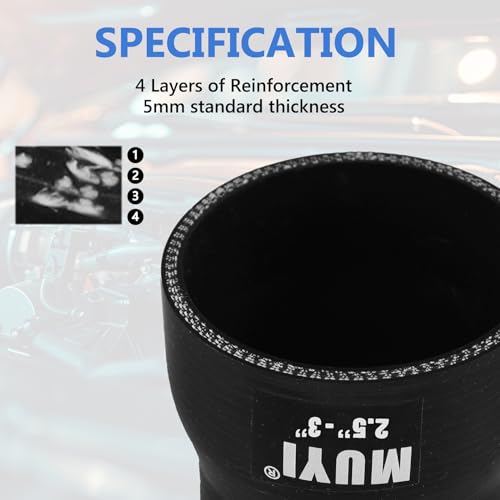 MUYI 2.5" to 3 inches Silicone Reducer Intercooler Tube Kit, 4 Layers Reinforced Straight Intake Turbo Piping Coupler Hose with 2PCS T-Bolt Clamps (Length 3", ID 63-76mm) - Image 3