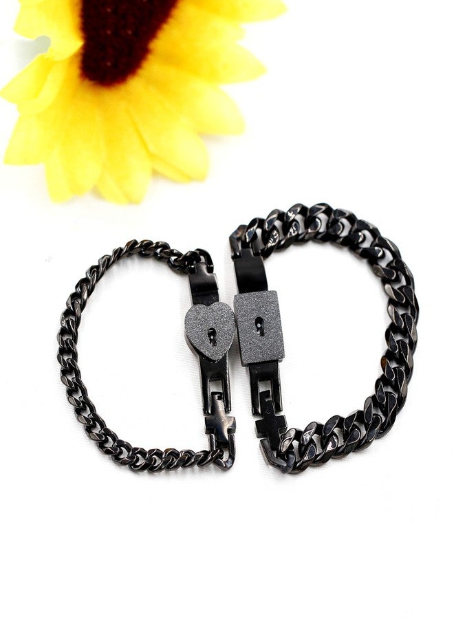 Uloveido 2pcs Black Couples Square and Heart Lock Bracelet Bangles, His and Hers Lock and Key Matching Bracelets Set for Him and Her Y853(Black) - Image 5