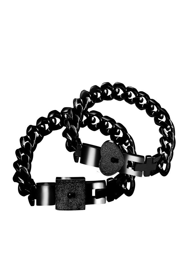Uloveido 2pcs Black Couples Square and Heart Lock Bracelet Bangles, His and Hers Lock and Key Matching Bracelets Set for Him and Her Y853(Black) - Image 1