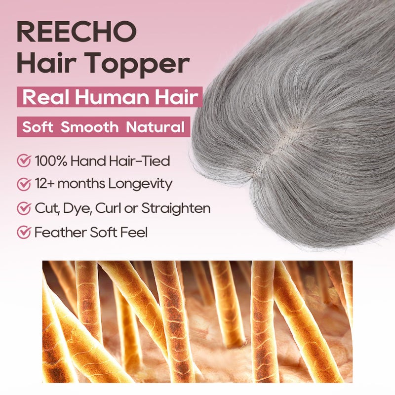 REECHO Hair Toppers for Women Real Human Hair, Seamless Human Hair Toppers with Bangs, 360Â° 3D Cover Clip in Bangs Hair Extensions for Daily Wear, Dark Gray - Image 2
