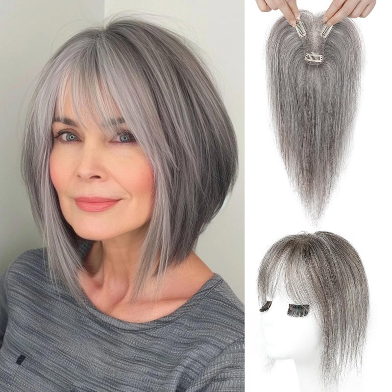 REECHO Hair Toppers for Women Real Human Hair, Seamless Human Hair Toppers with Bangs, 360Â° 3D Cover Clip in Bangs Hair Extensions for Daily Wear, Dark Gray - Image 1