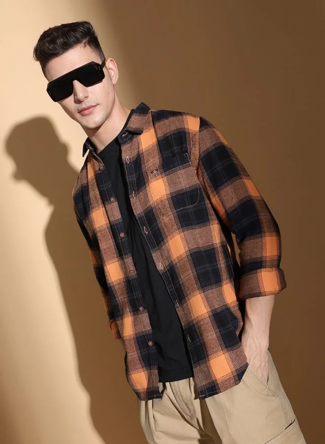 شركة المرآب الهندية Men Slim Fit Checkered Full Sleeves Cutaway Collar Casual Shirt