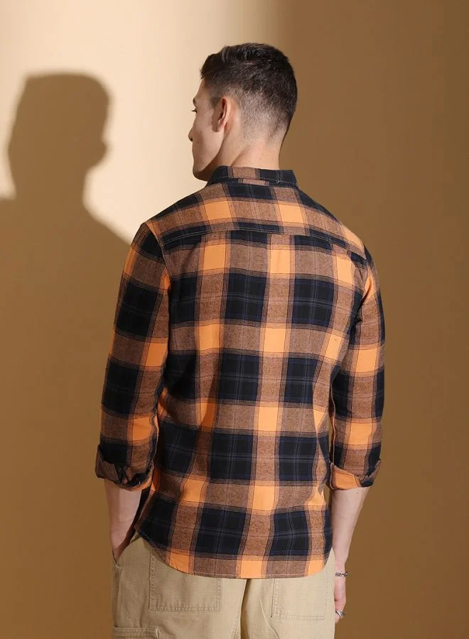 شركة المرآب الهندية Men Slim Fit Checkered Full Sleeves Cutaway Collar Casual Shirt