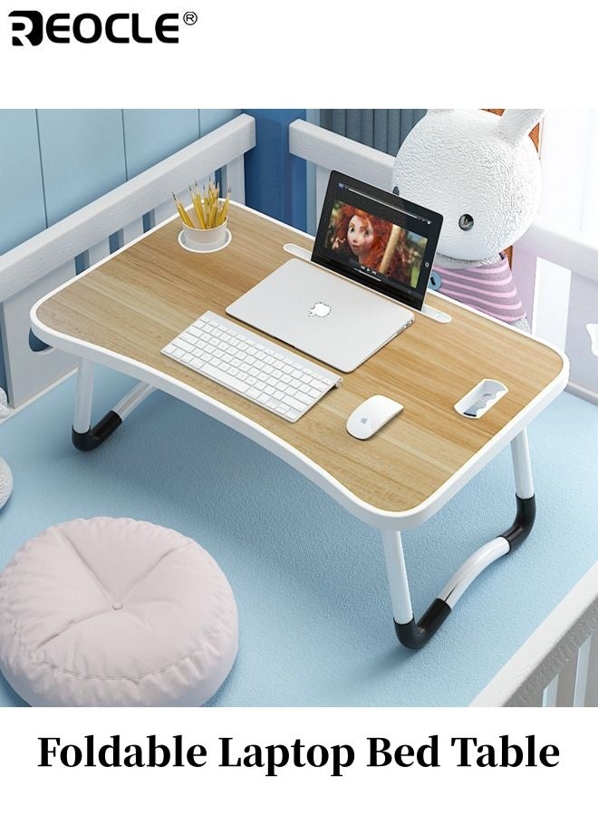 REOCLE Foldable Laptop Bed Table with USB Charge Port and Cup Slot Design Portable Notebook Desk with Handle and Card Slot for Eating Reading Working Use - Image 1