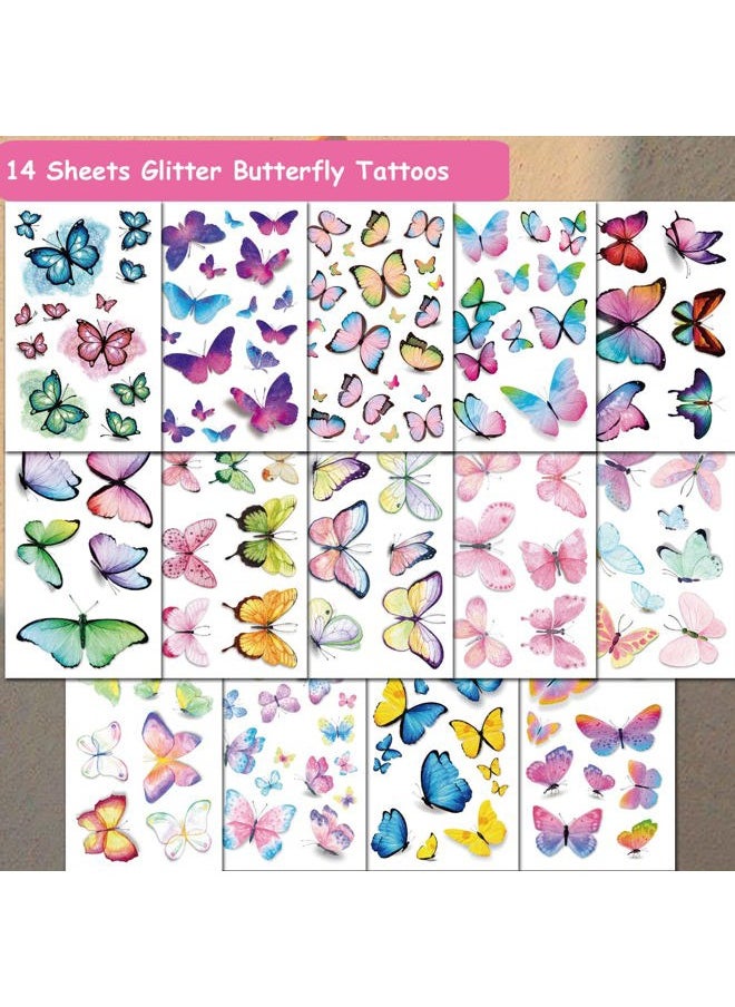 CHARLENT - Glitter Butterfly Temporary Tattoos for Girls - 14 Sheets Glitter Butterfly Tattoos for Girls Birthday Party Favors Goodie Bag Fillers - Image 1
