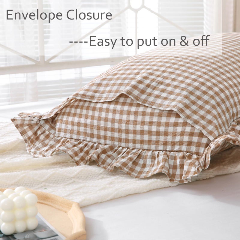 K MASANIJI K MASANIJI 2 Pack Taupe White Plaid Gingham Ruffle Pillow Shams Standard Size 20x26 inches  100% Washed Cotton Checkered Farmhouse Pillow Covers for Bed/Sofa (20x26 inches Taupe/White Plaid)  - Image 4