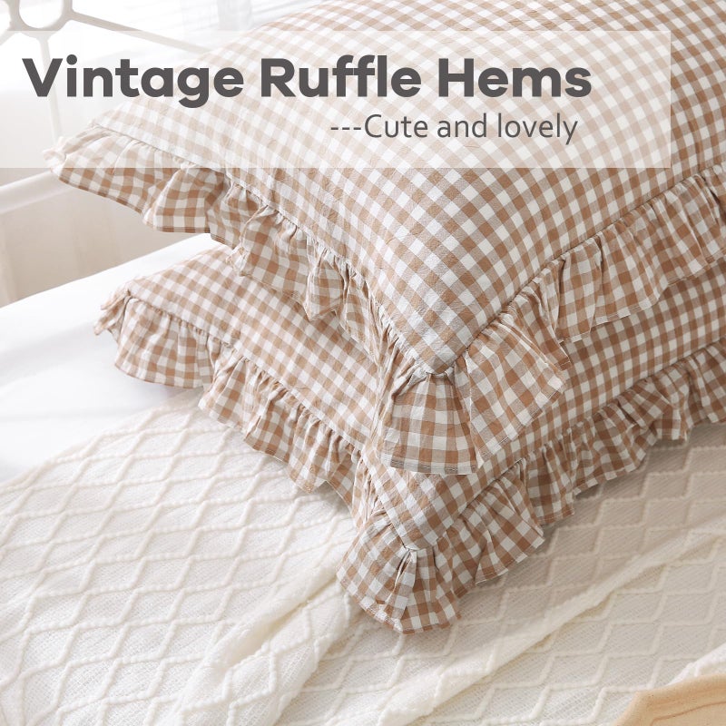 K MASANIJI K MASANIJI 2 Pack Taupe White Plaid Gingham Ruffle Pillow Shams Standard Size 20x26 inches  100% Washed Cotton Checkered Farmhouse Pillow Covers for Bed/Sofa (20x26 inches Taupe/White Plaid)  - Image 5