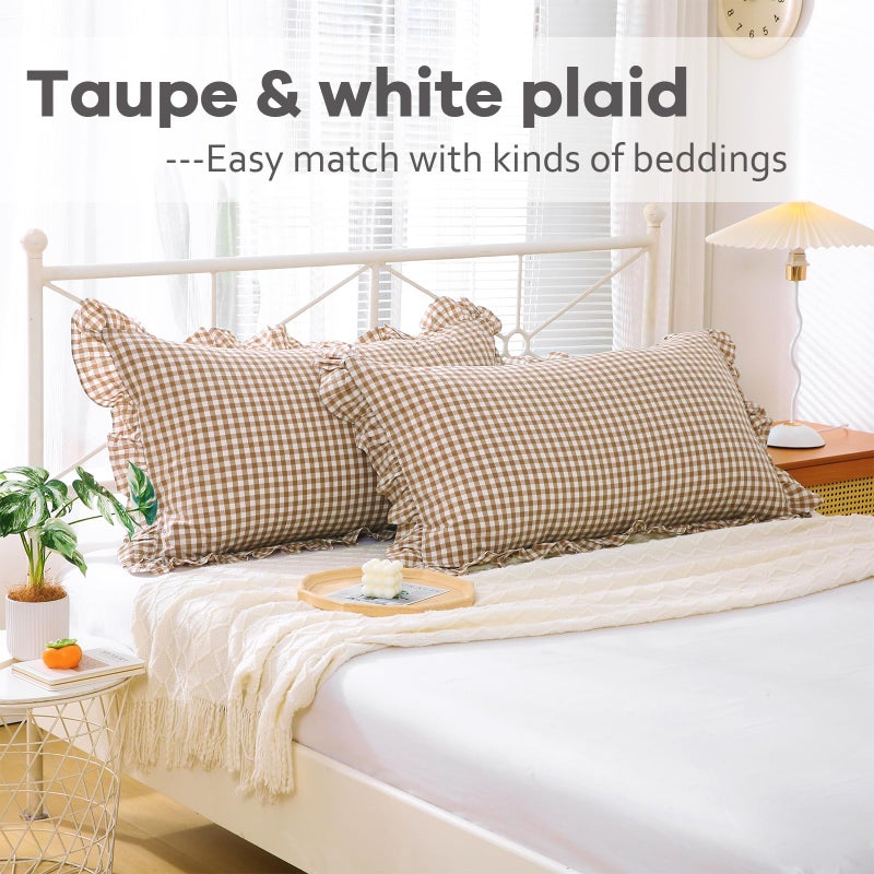 K MASANIJI K MASANIJI 2 Pack Taupe White Plaid Gingham Ruffle Pillow Shams Standard Size 20x26 inches  100% Washed Cotton Checkered Farmhouse Pillow Covers for Bed/Sofa (20x26 inches Taupe/White Plaid)  - Image 2