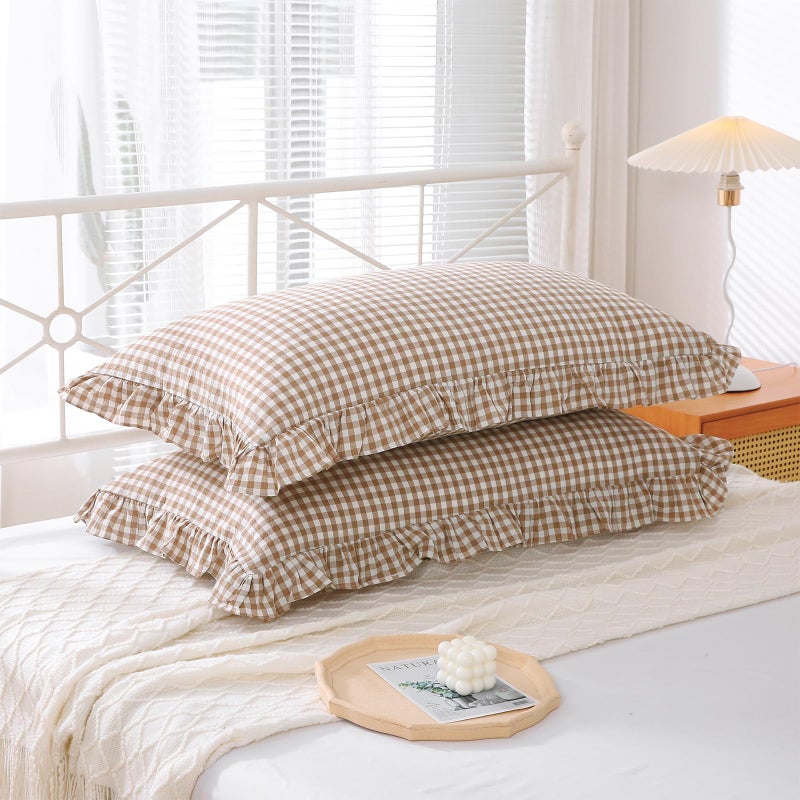 K MASANIJI K MASANIJI 2 Pack Taupe White Plaid Gingham Ruffle Pillow Shams Standard Size 20x26 inches  100% Washed Cotton Checkered Farmhouse Pillow Covers for Bed/Sofa (20x26 inches Taupe/White Plaid)  - Image 3