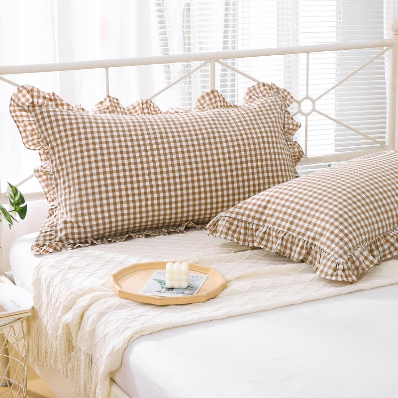 K MASANIJI K MASANIJI 2 Pack Taupe White Plaid Gingham Ruffle Pillow Shams Standard Size 20x26 inches  100% Washed Cotton Checkered Farmhouse Pillow Covers for Bed/Sofa (20x26 inches Taupe/White Plaid)  - Image 1