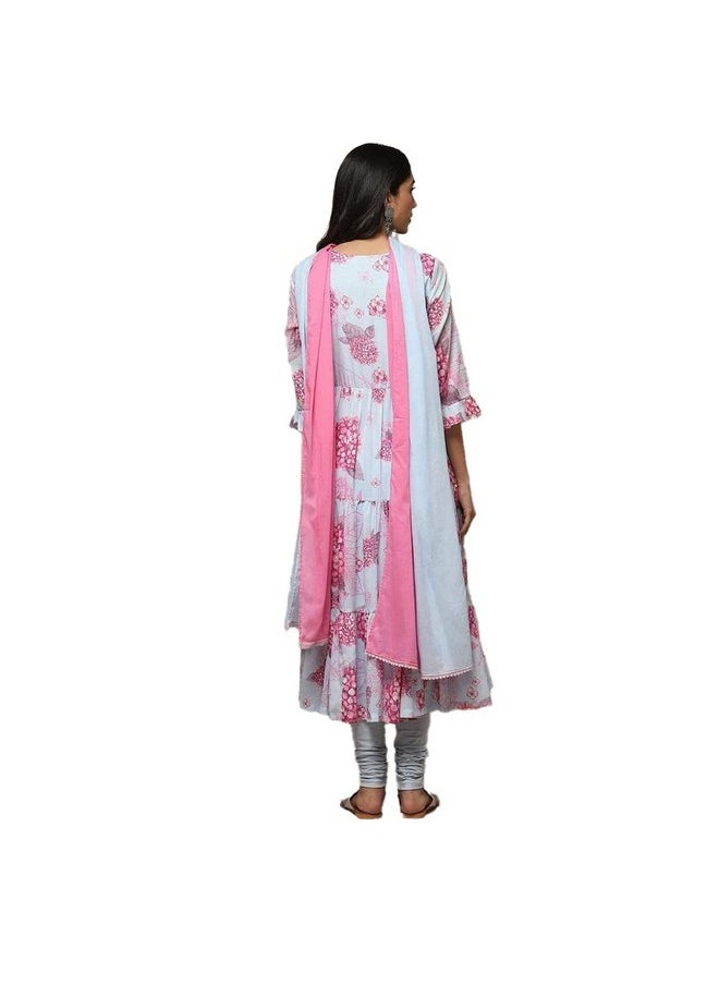 Biba - BIBA WOMEN PRINTED FITTED SALWAR KURTA DUPATTA(SKDPHOOL PH8654_POWDER BLUE_34) - Image 1