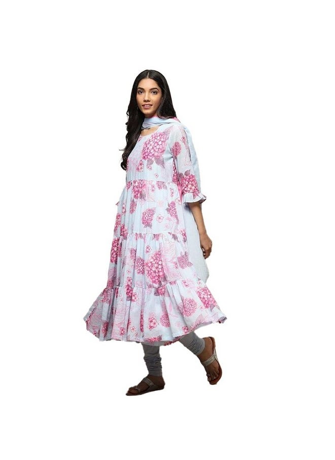 Biba - BIBA WOMEN PRINTED FITTED SALWAR KURTA DUPATTA(SKDPHOOL PH8654_POWDER BLUE_34) - Image 1